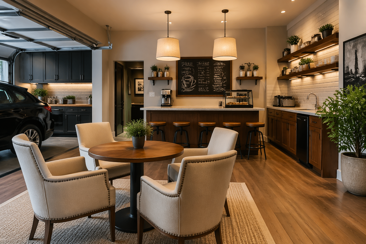 Cozy garage cafe with cream walls and comfortable upholstered seating