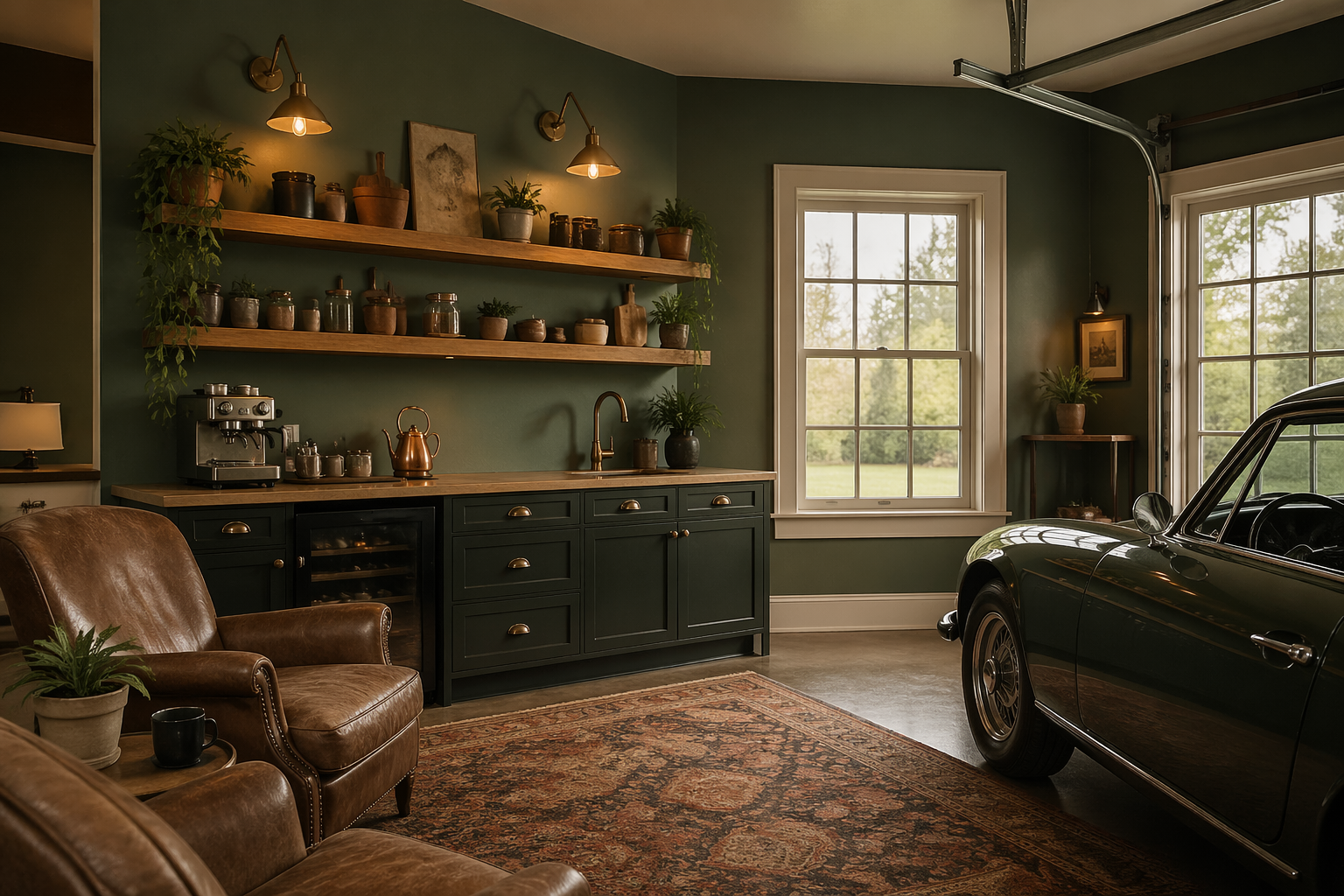 Warm garage coffee nook with sage green walls and leather armchairs