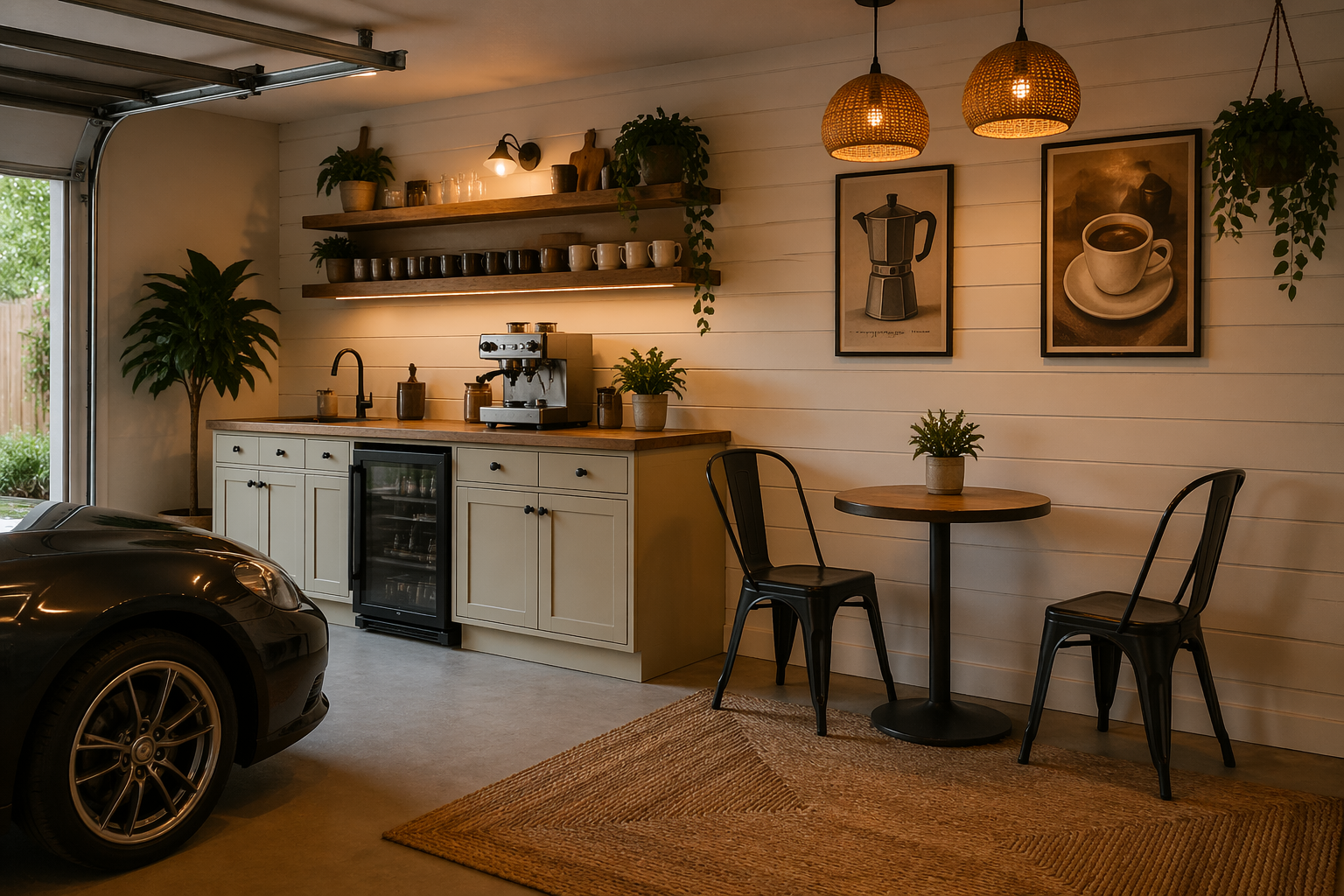 Charming garage cafe with white shiplap walls and bistro seating
