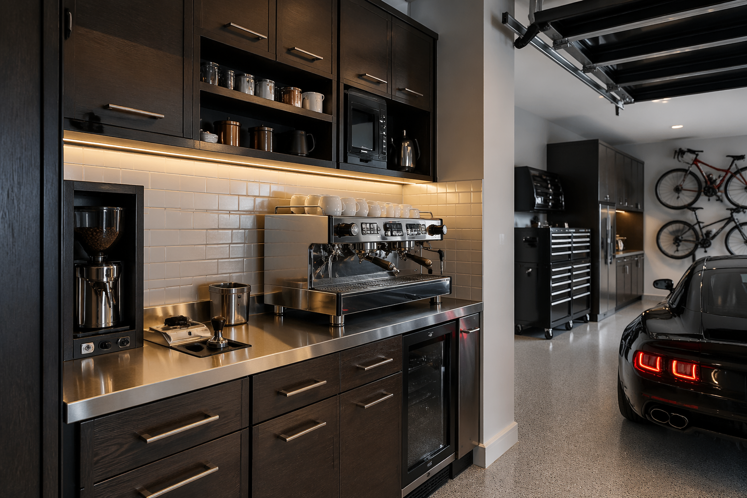 Professional garage espresso bar with commercial equipment and steel countertops