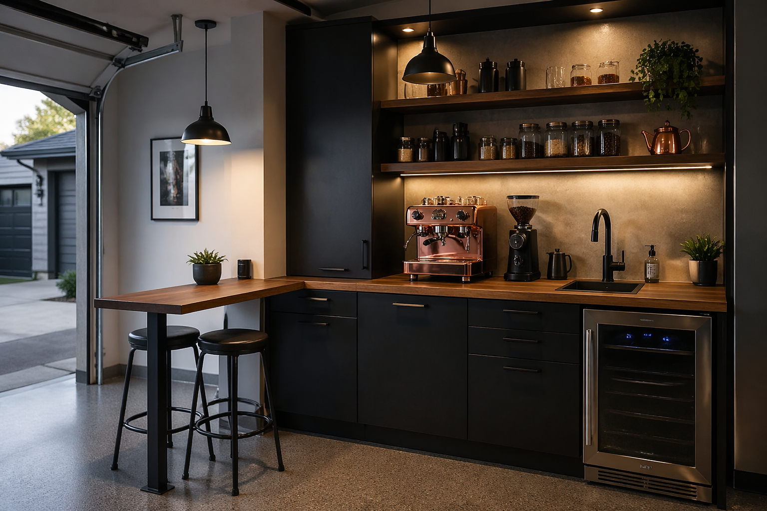 Compact garage espresso corner with walnut countertops and copper machine
