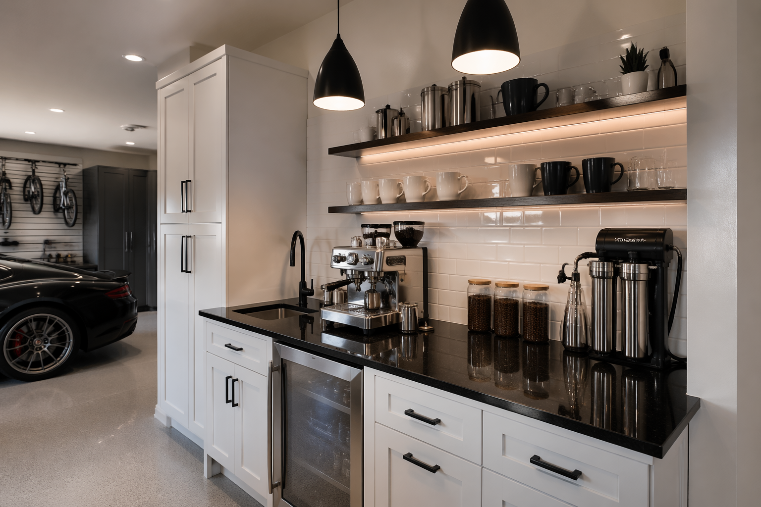 Sleek garage espresso station with black countertops and white cabinets