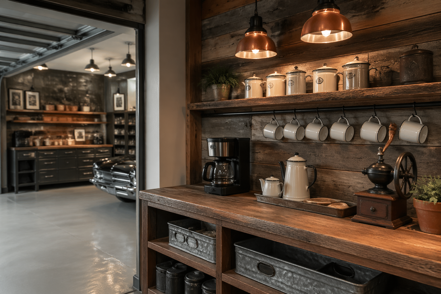 Rustic garage coffee station with weathered barn wood and vintage accessories