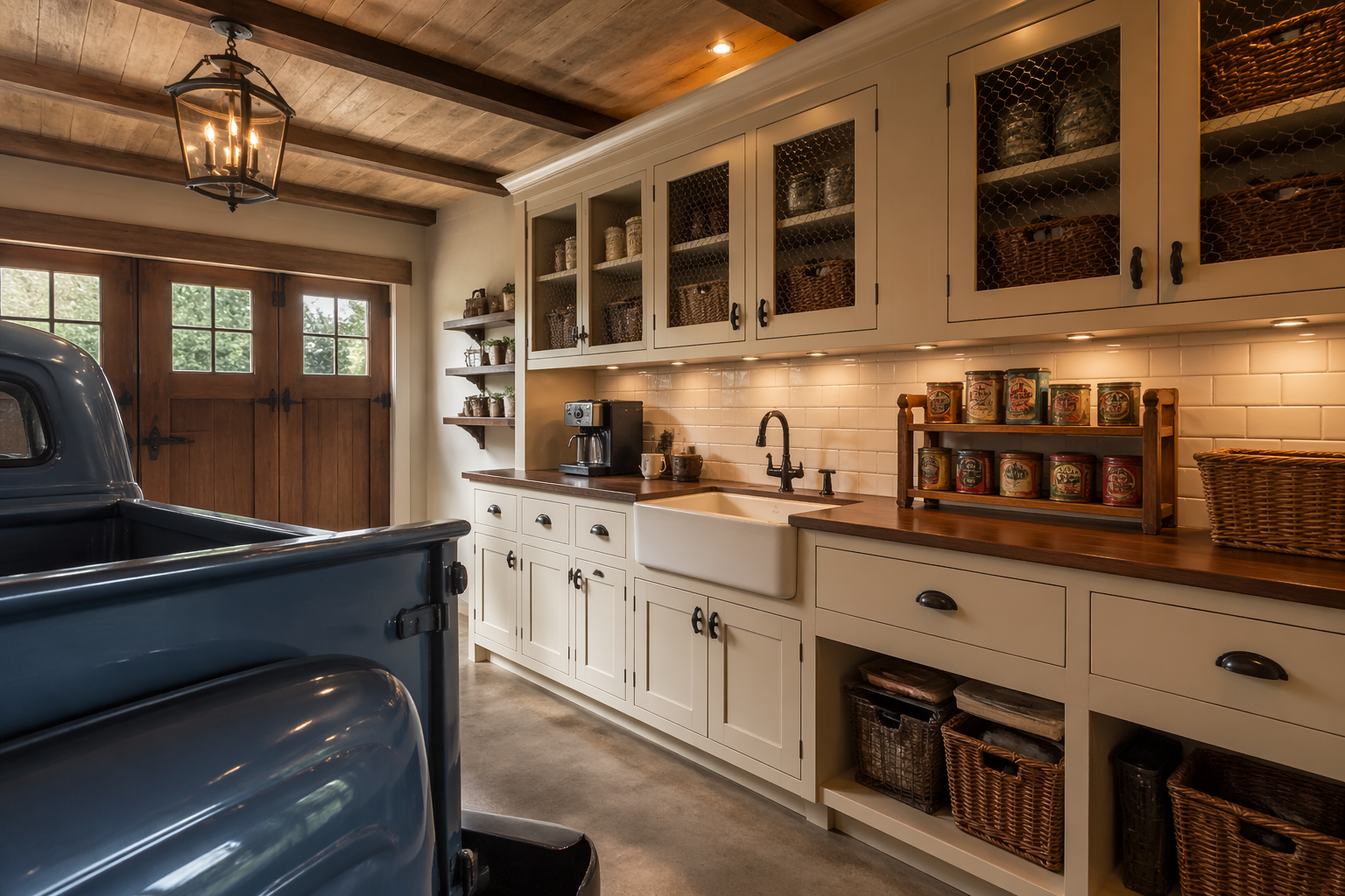 Country garage coffee nook with cream cabinets and chicken wire doors