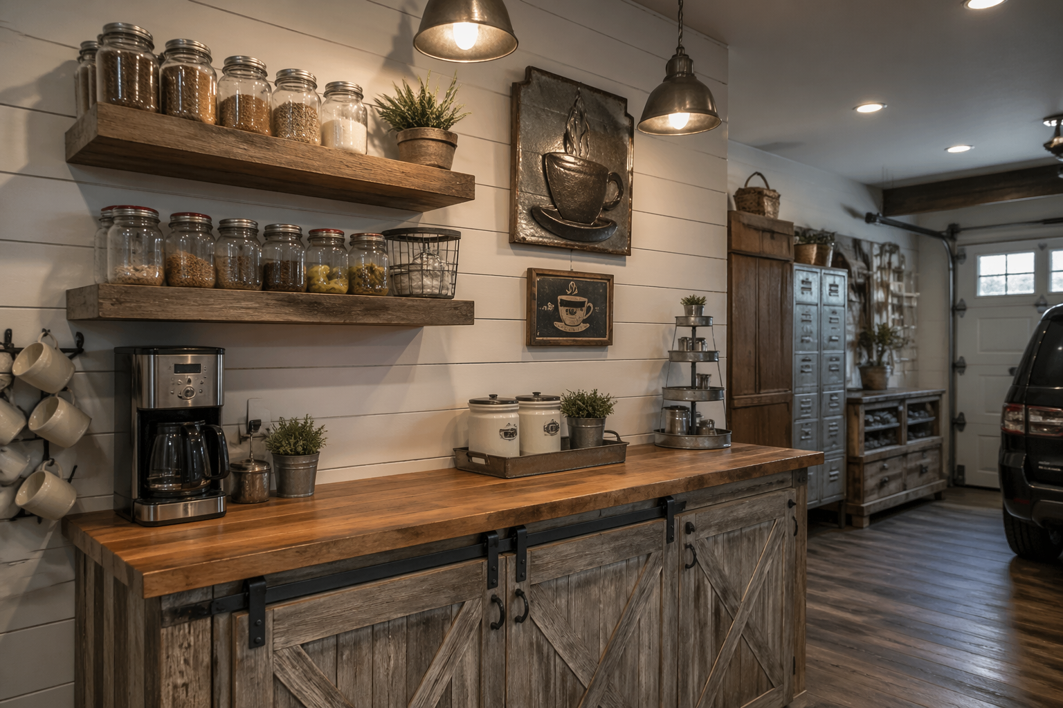 Farmhouse garage coffee bar with shiplap walls and reclaimed wood shelves