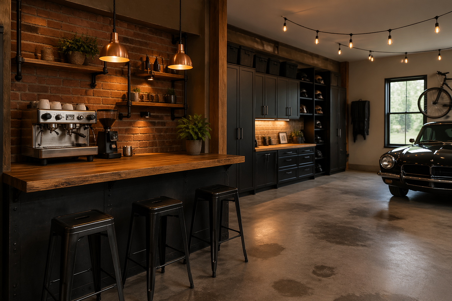 Industrial garage coffee bar with exposed brick and steel pipe shelving