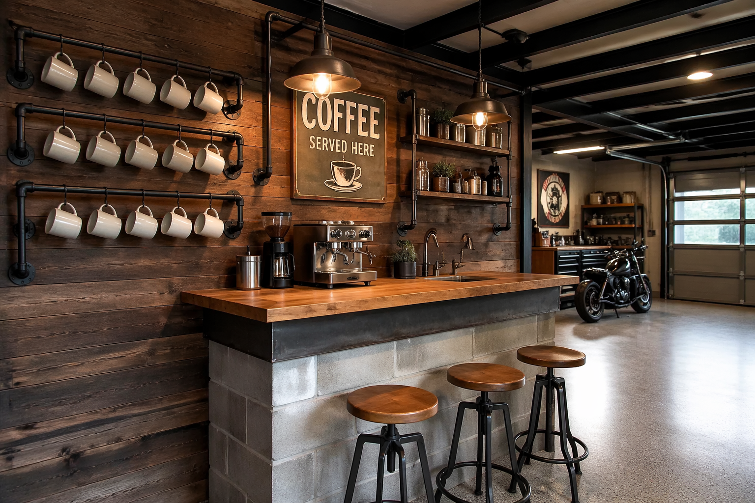 Rustic industrial coffee bar with weathered wood walls and iron pipe storage