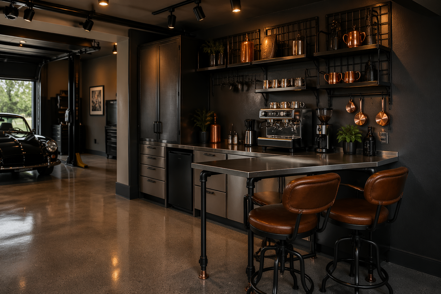 Modern industrial coffee station with steel countertops and metal grid shelving