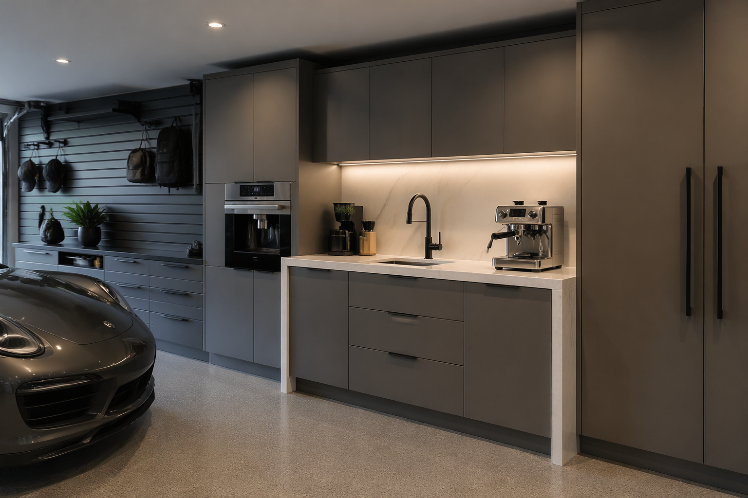 Ultra-modern garage coffee setup with seamless gray cabinets and integrated lighting