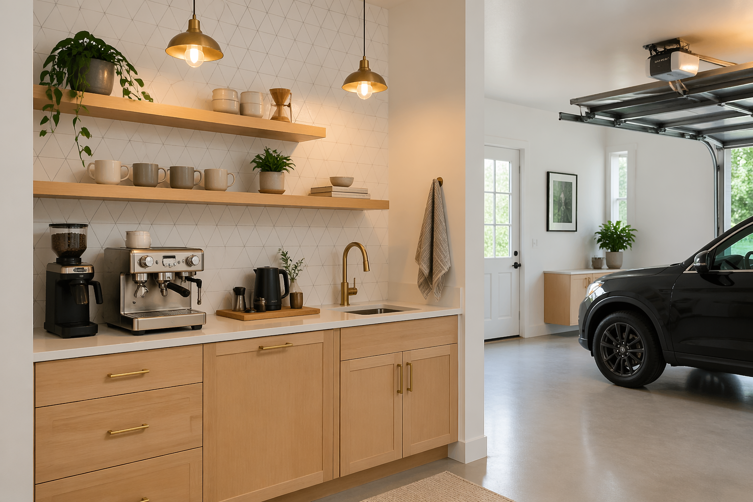 Scandinavian-inspired garage coffee area with light wood and white finishes
