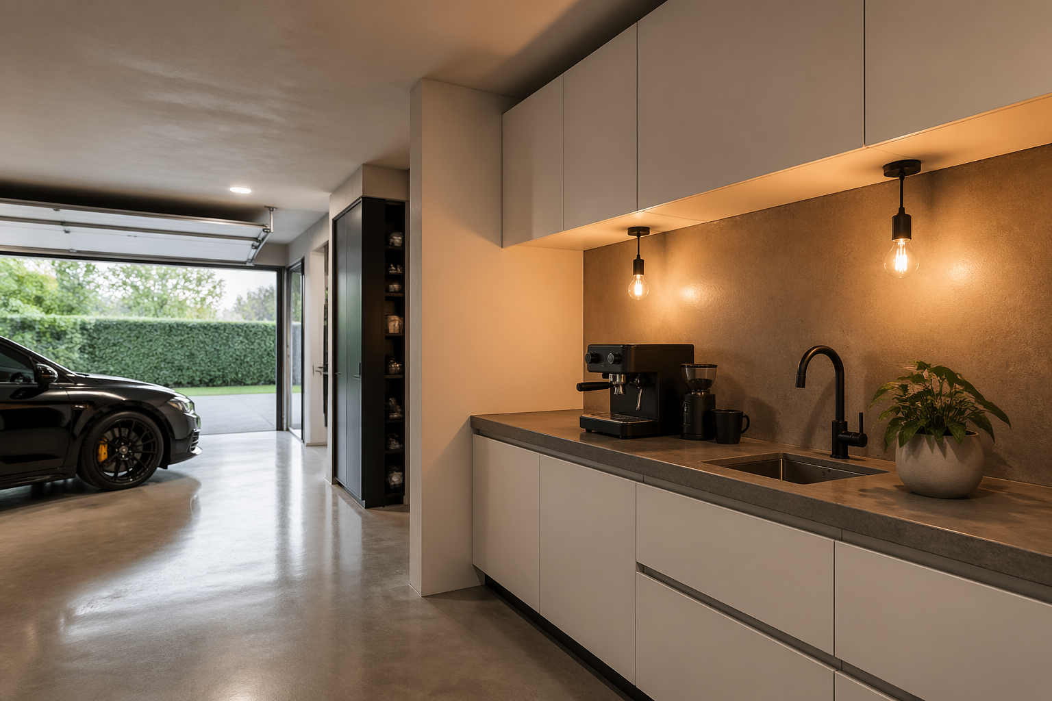 Minimalist garage coffee station with white cabinets and concrete countertops