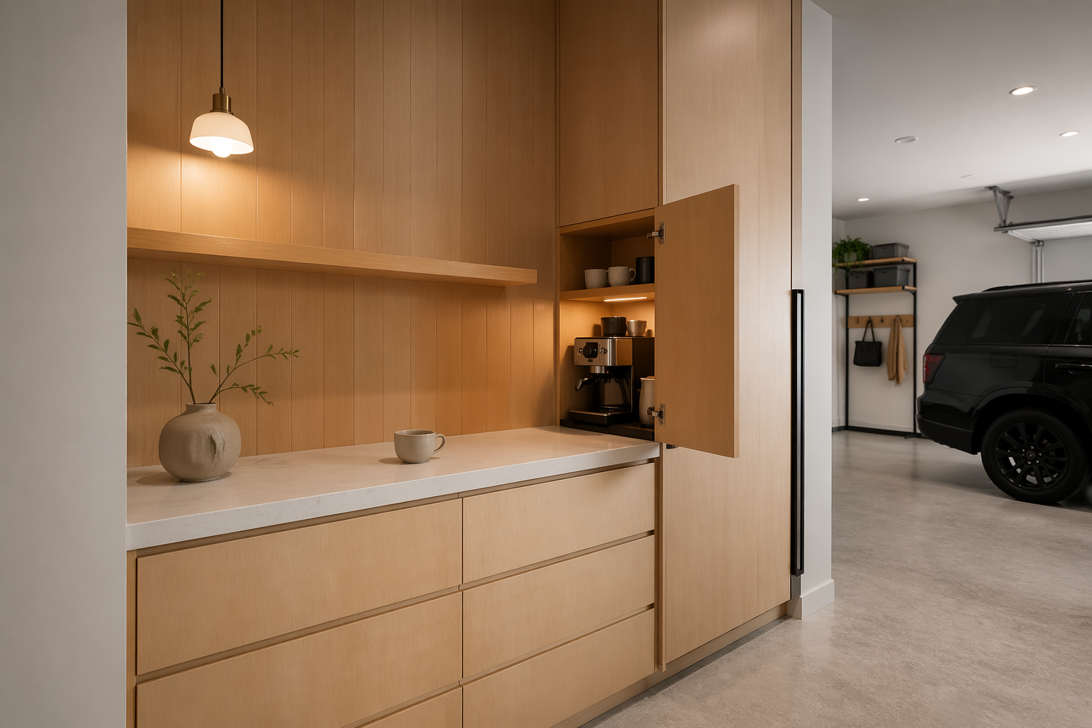 Zen-inspired garage coffee corner with natural maple and white stone