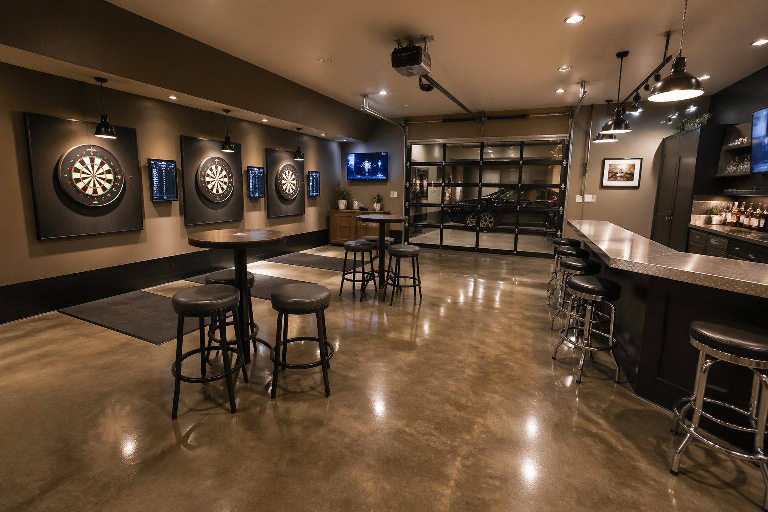 Retro garage arcade with classic cabinets, neon lighting, and checkered floors