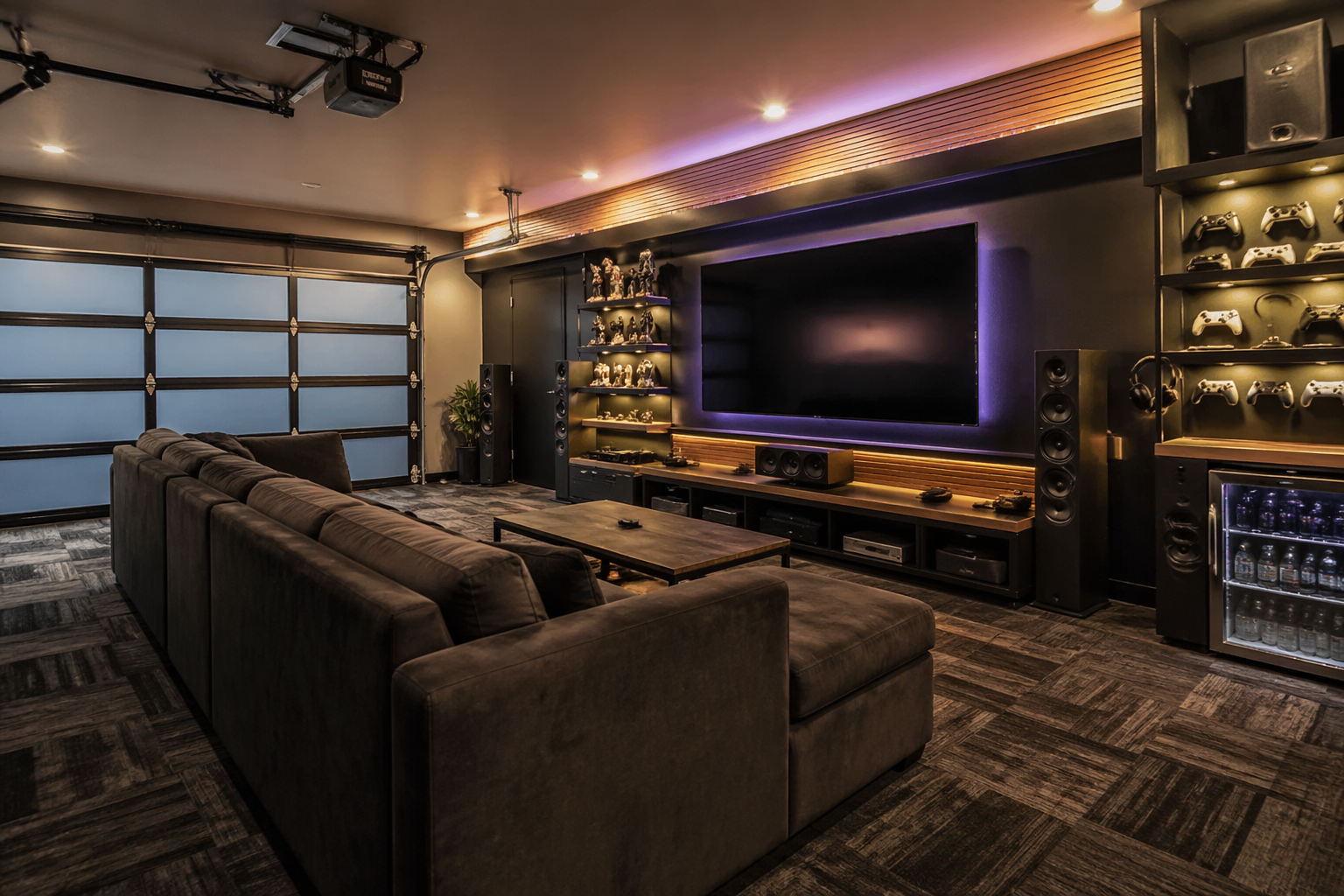 Family garage game room with multiple table games and colorful decor