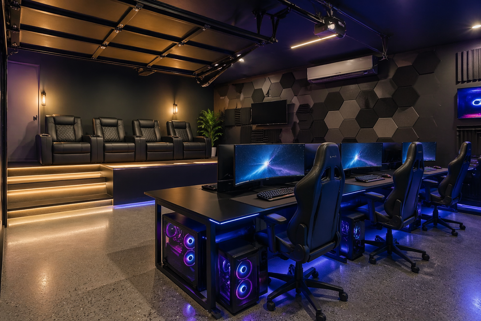 Upscale garage poker room with professional table and leather seating