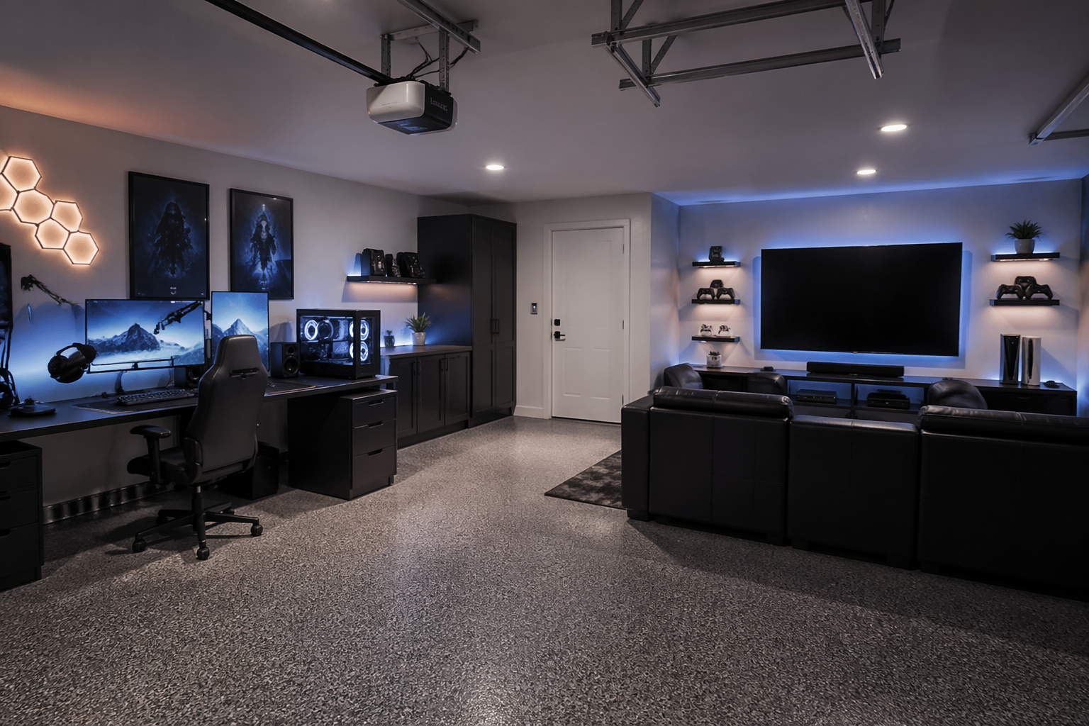 Modern garage poker lounge with contemporary furniture and minimalist design