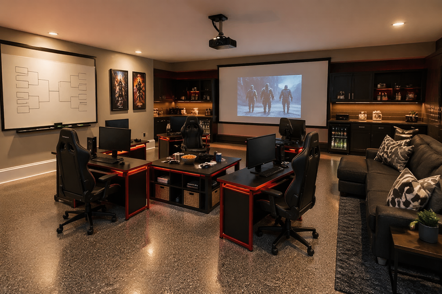 Casual garage poker space with convertible table and flexible lighting