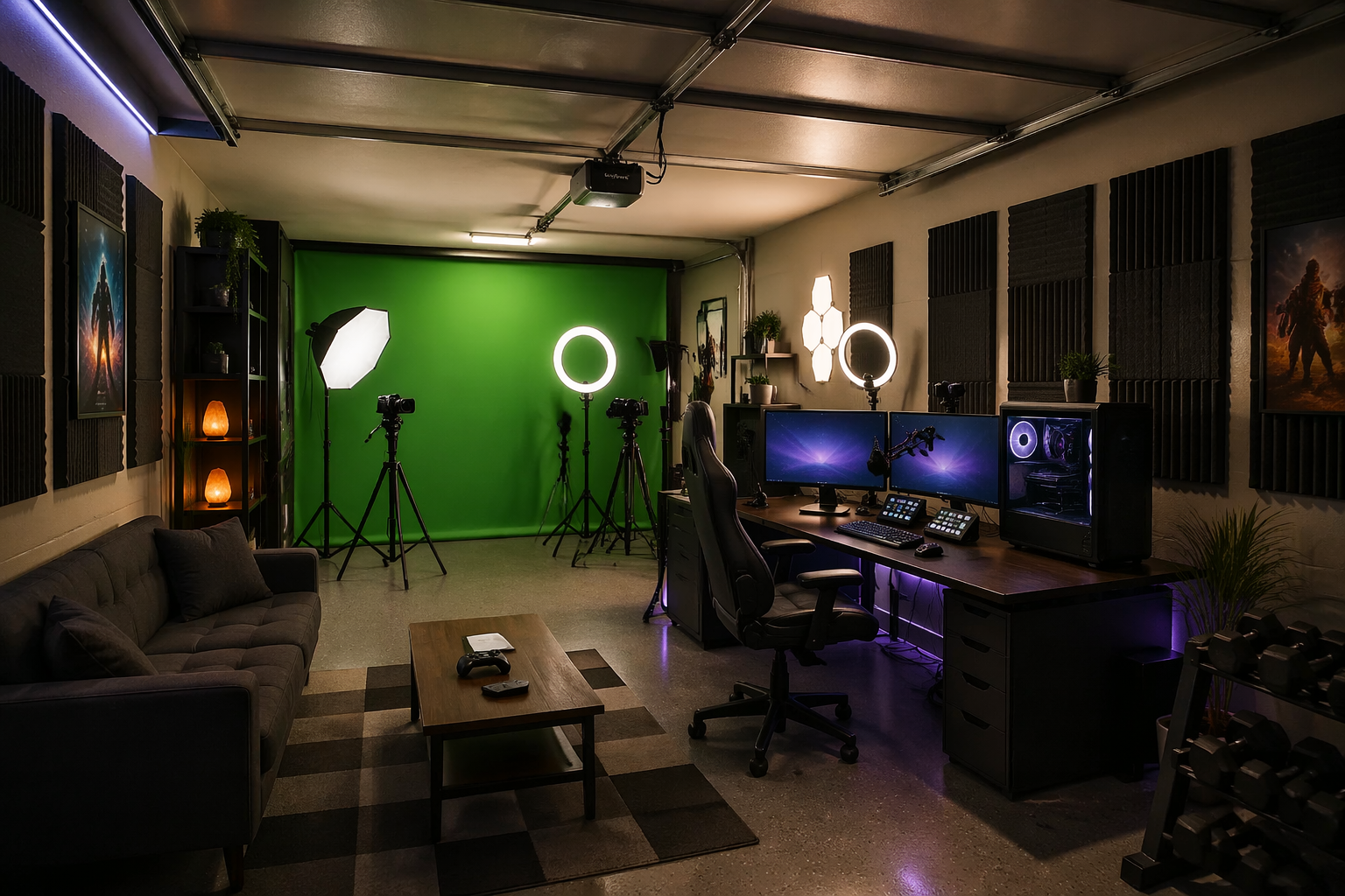 Modern garage pub with electronic dartboard and industrial design elements