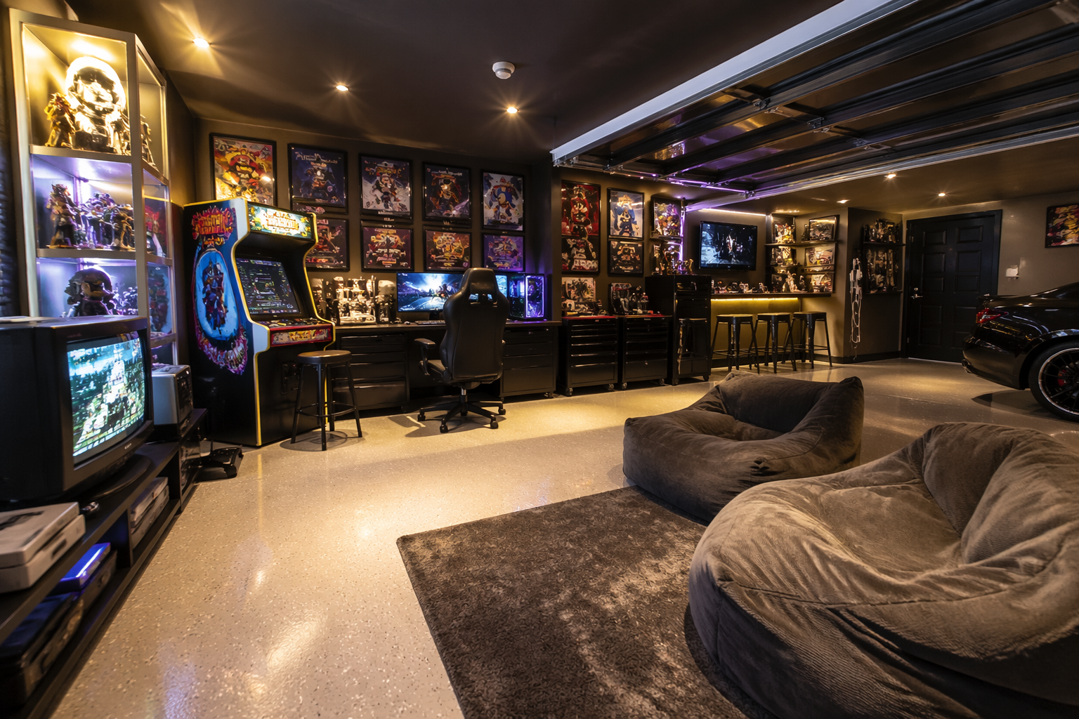 Family garage game room with dual-height dartboards and protective flooring