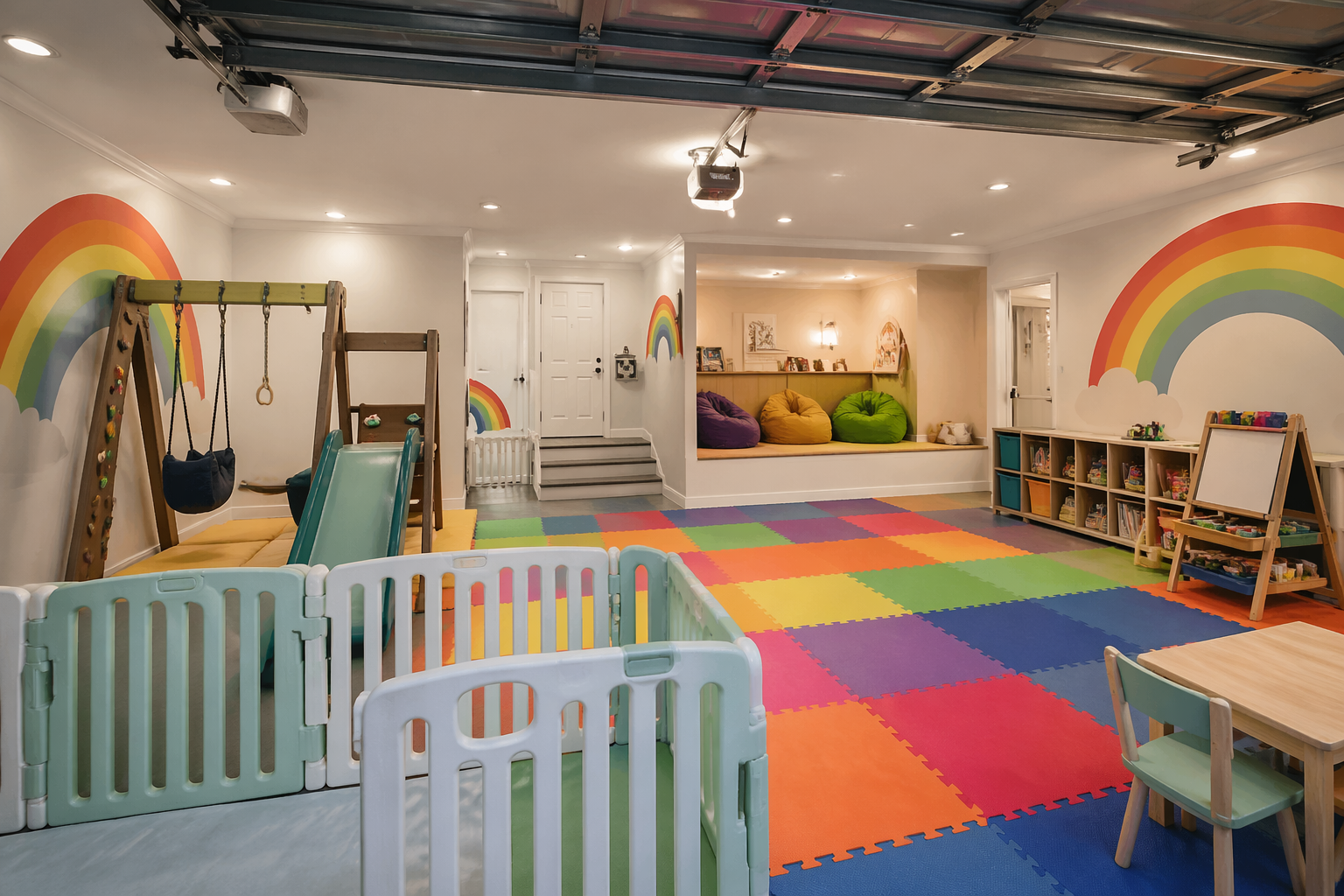 Comprehensive garage game room with multiple gaming zones and varied flooring