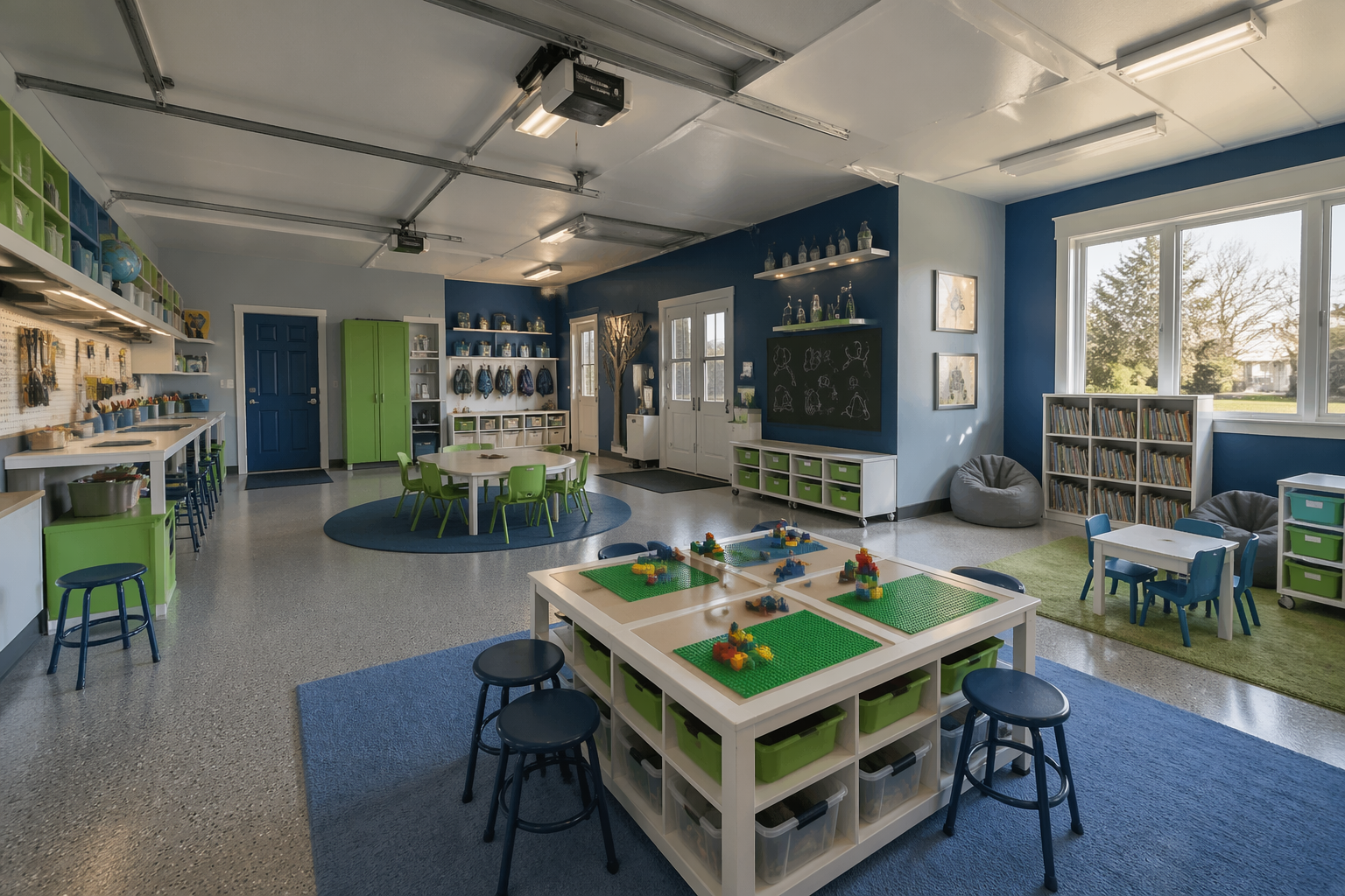 Open garage entertainment space with pool table centerpiece and flexible layout