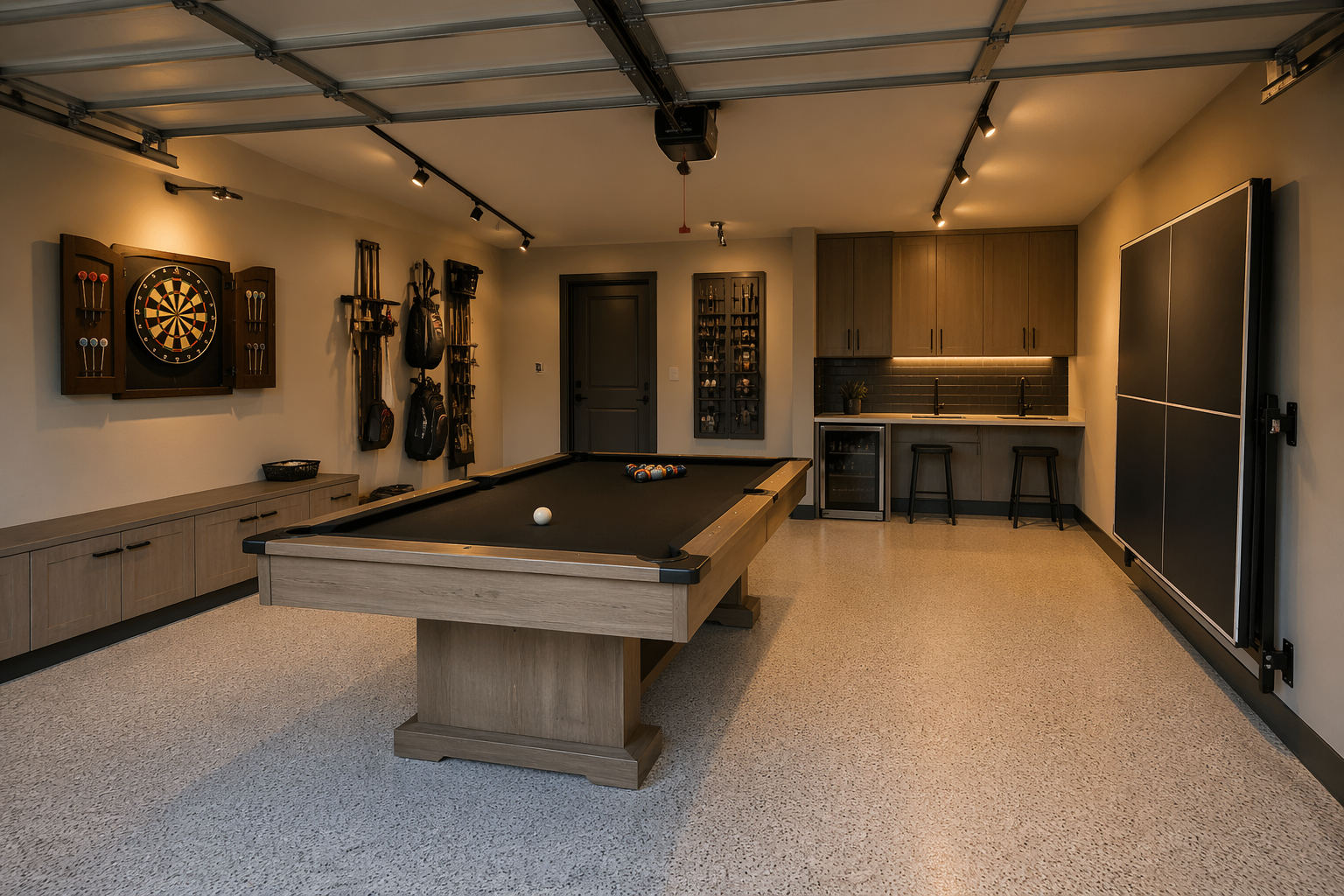 Family garage game room with separated kid and adult gaming areas