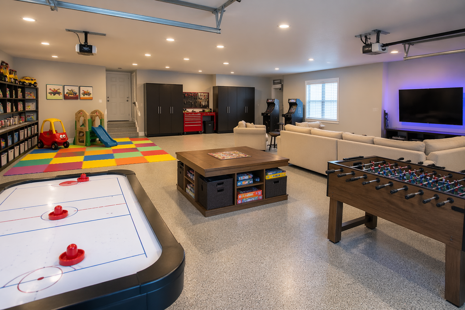 Adventure-themed garage playroom with treehouse climbing structures and forest murals