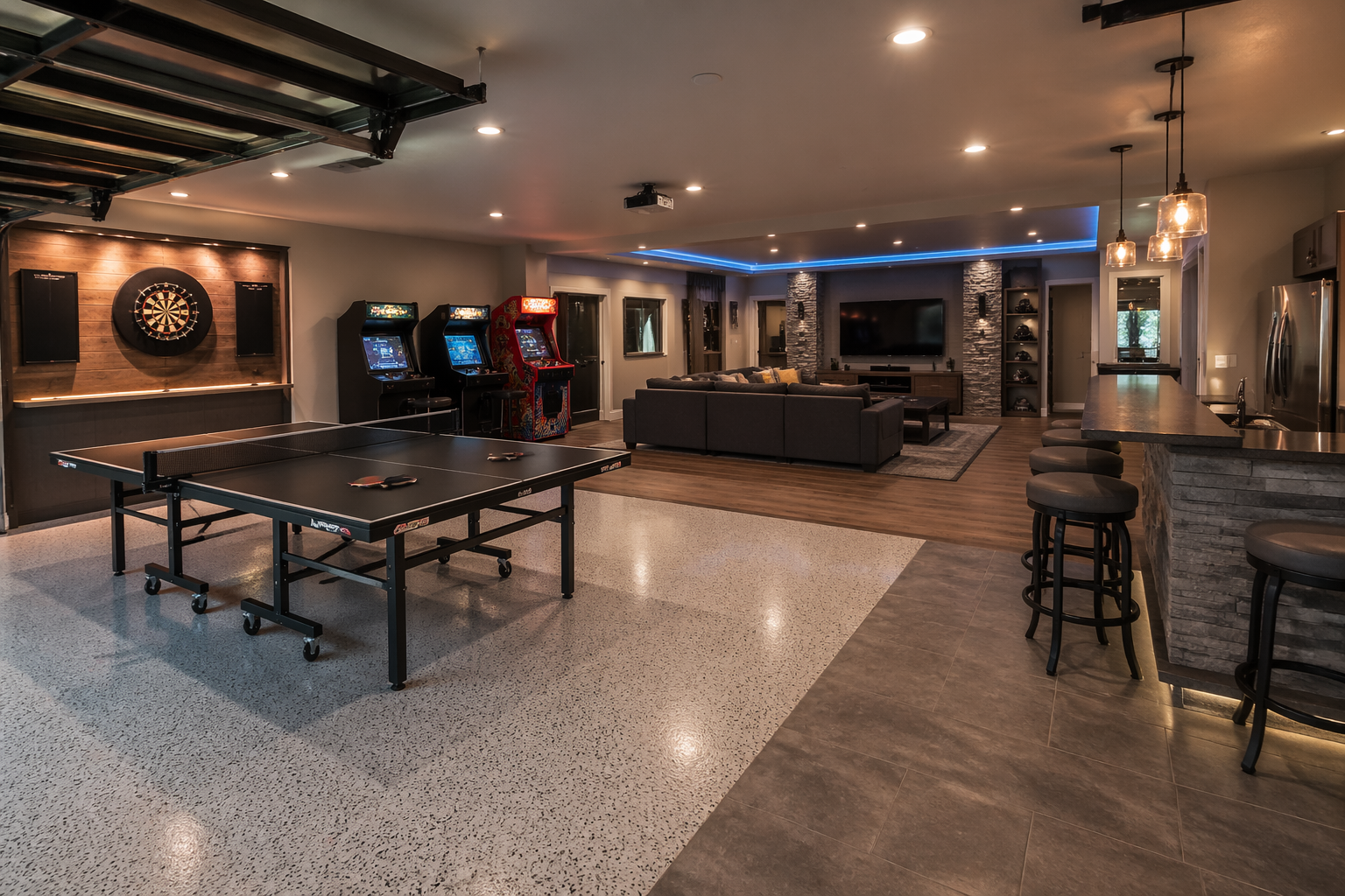 Educational garage playroom with interactive learning stations and organized storage