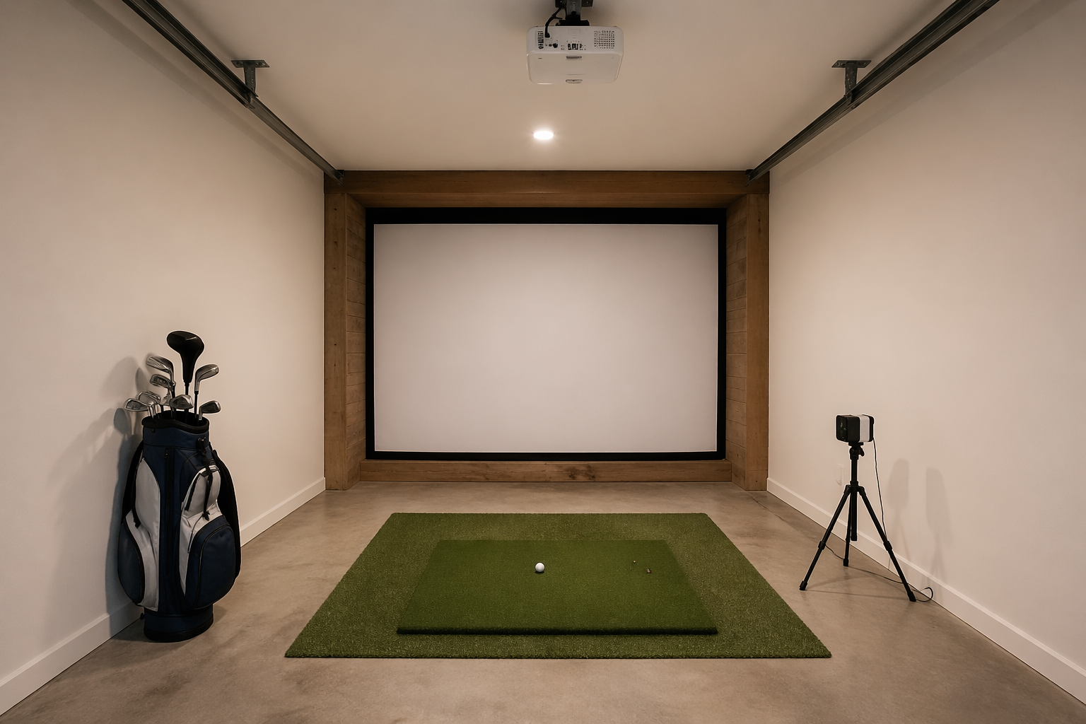 Budget garage golf simulator with impact screen and artificial turf mat