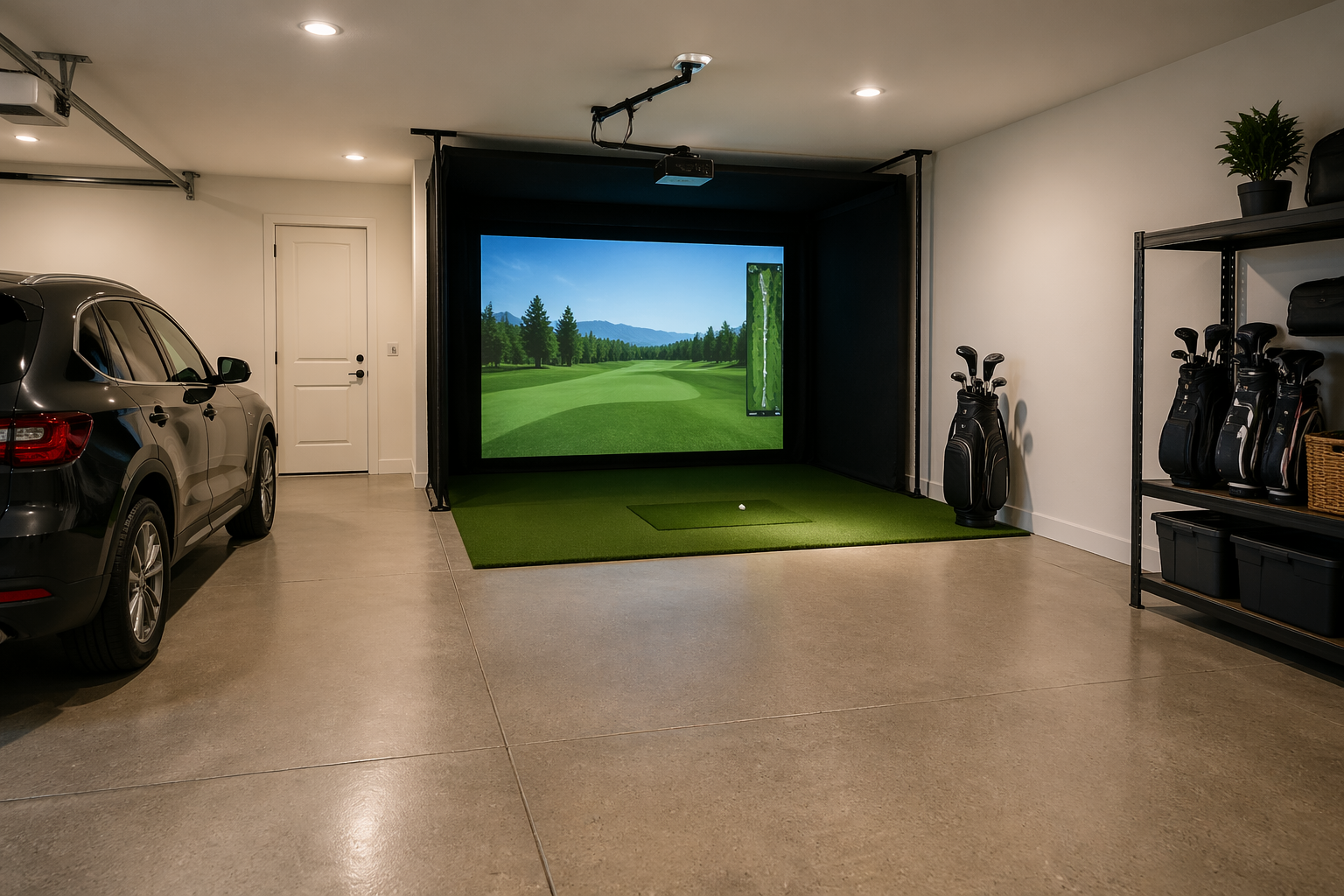 Compact corner golf simulator sharing garage space with car parking