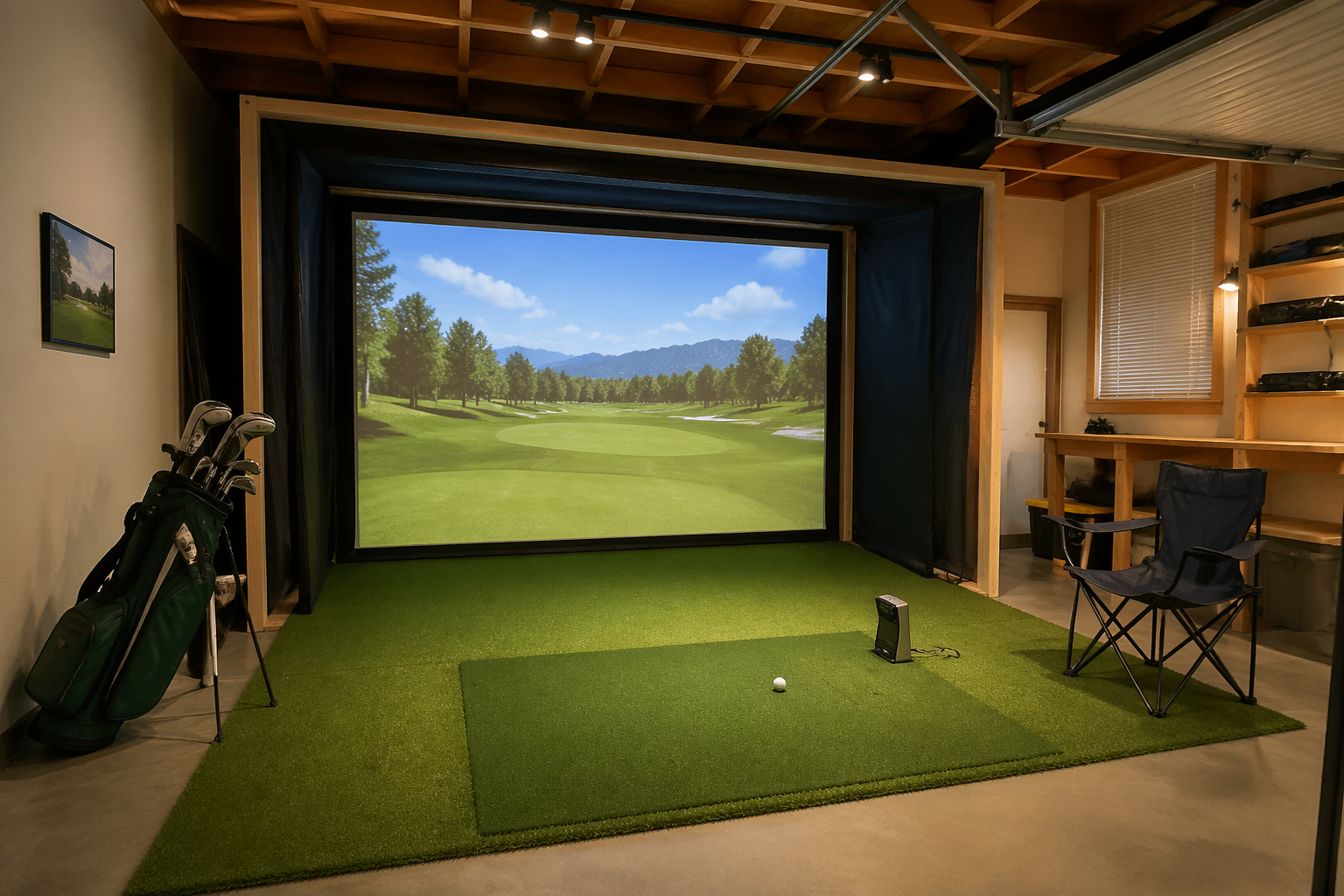 DIY handmade golf simulator frame with budget equipment in garage