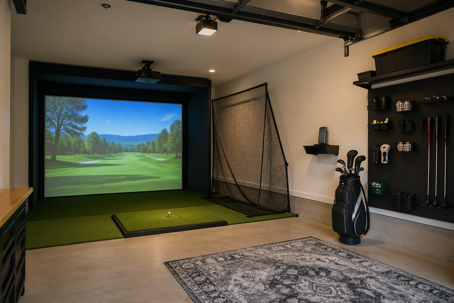 Retractable golf simulator setup with portable components in garage