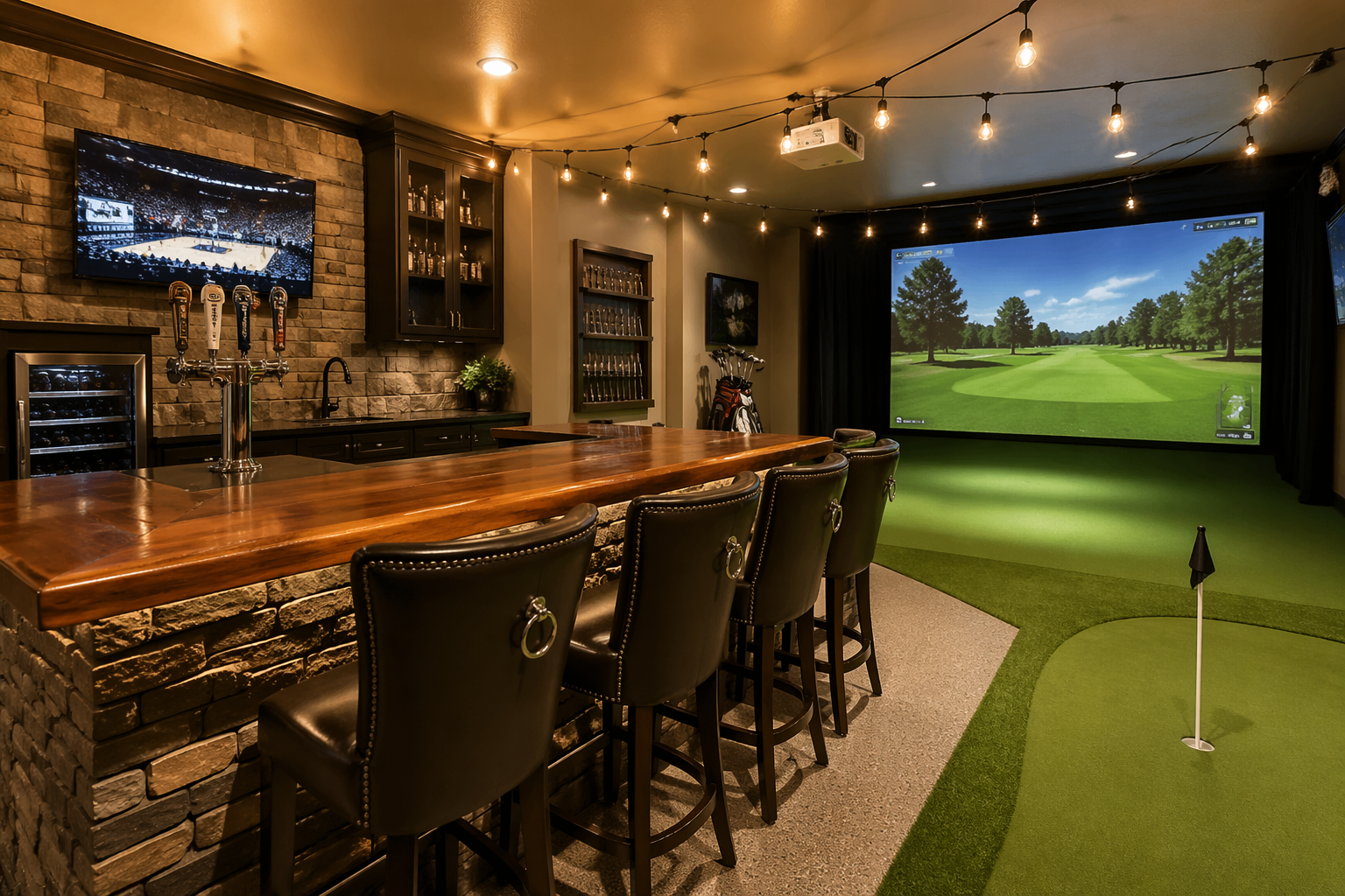 L-shaped bar with beer taps and golf simulator in converted garage