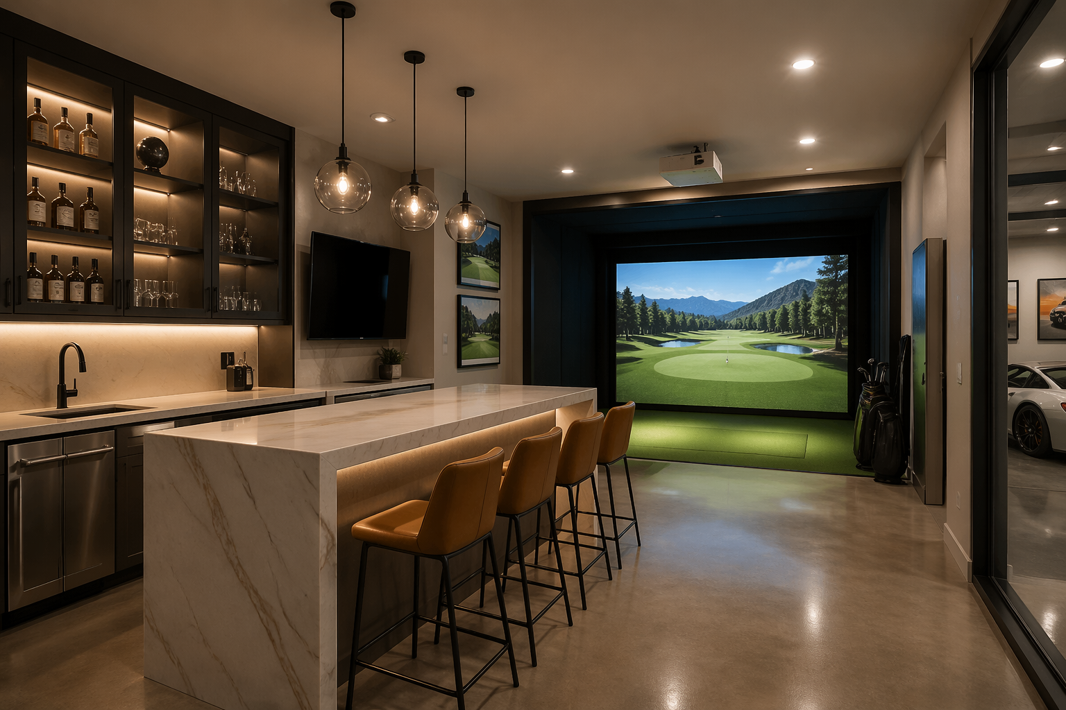 Modern golf simulator garage with waterfall edge quartz bar counter