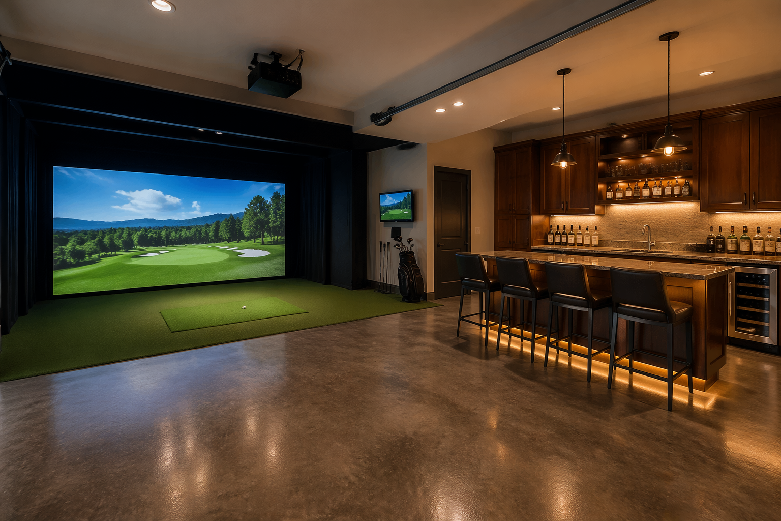 Golf simulator garage with built-in wet bar and granite countertops