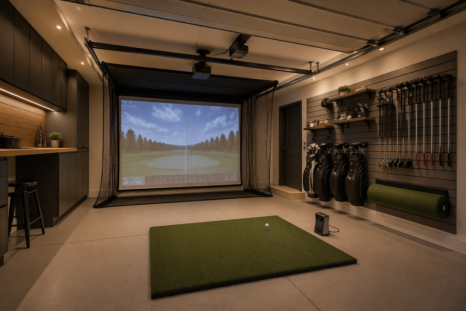 Ceiling-mounted retractable golf simulator system in single-car garage