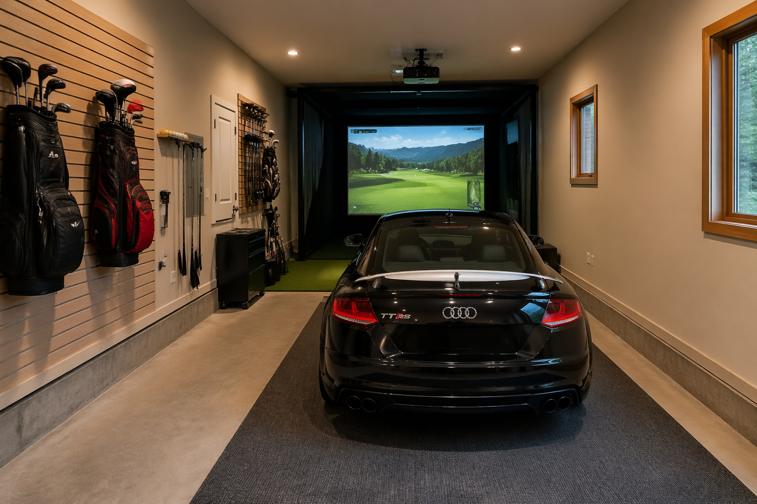 Compact golf simulator in single-car garage with vehicle parking space