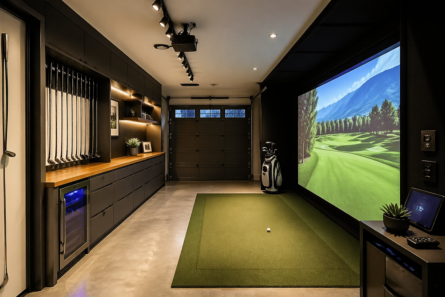 Sideways golf simulator layout maximizing narrow garage width