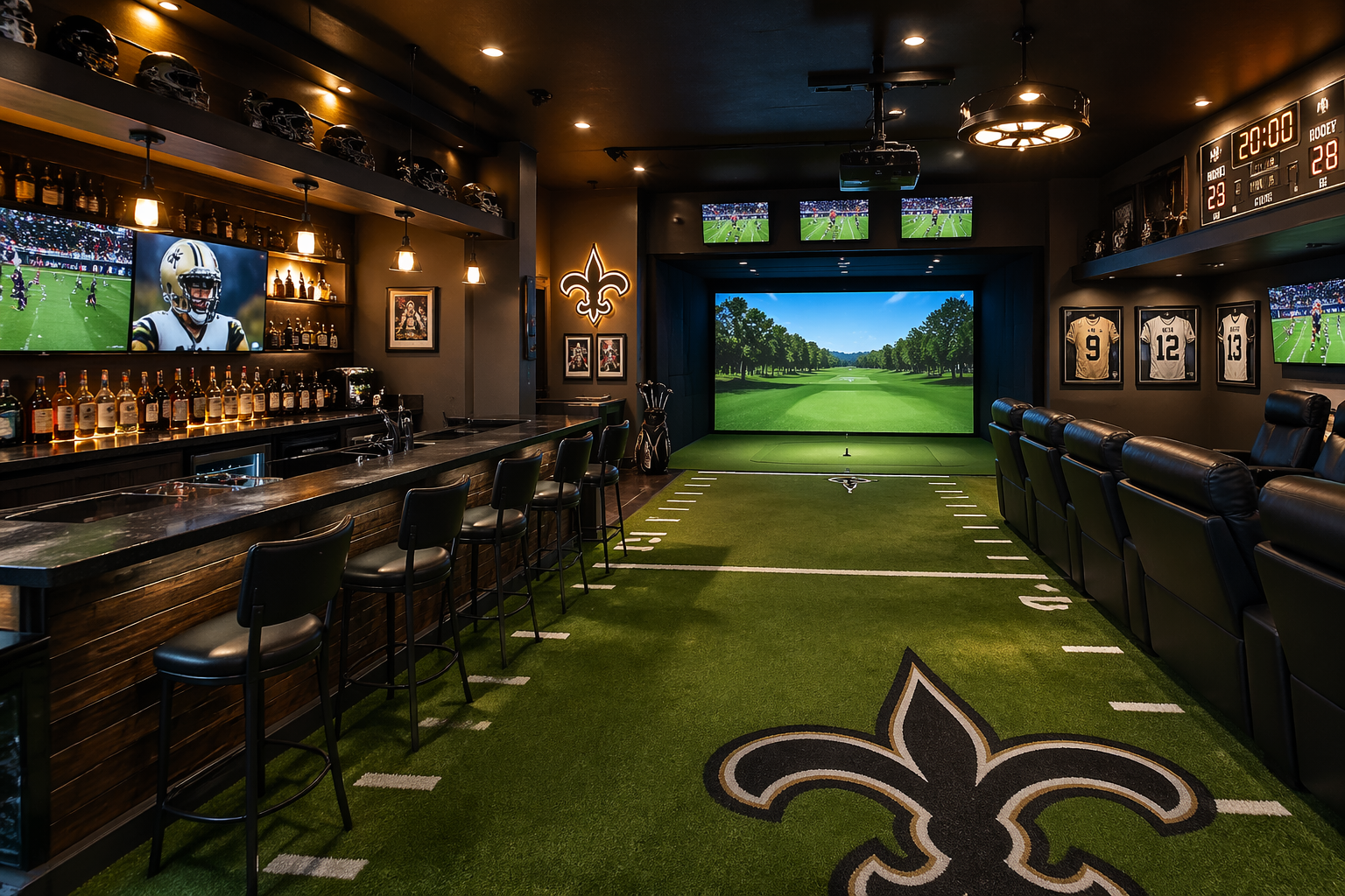 Football-themed sports bar garage with integrated golf simulator