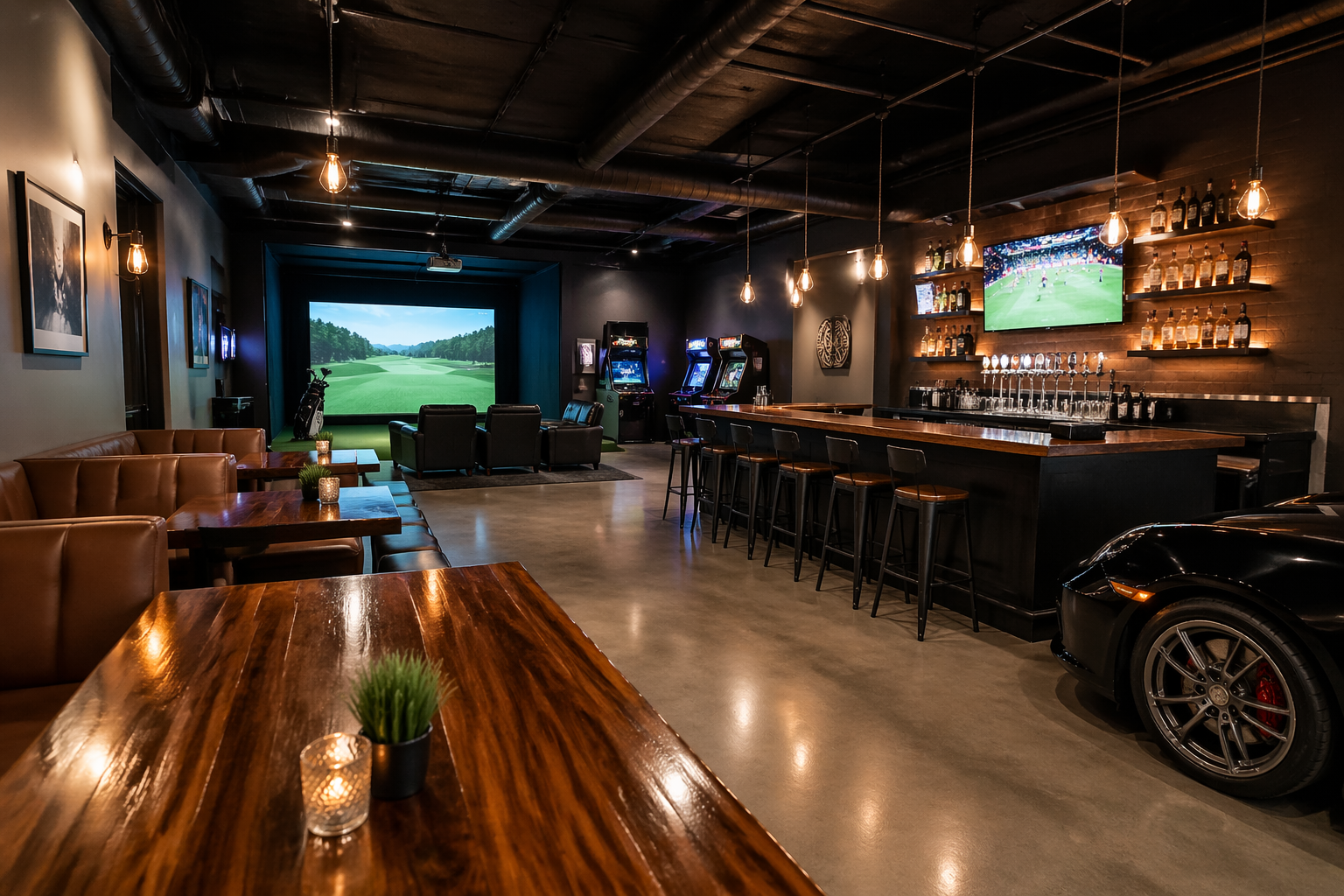 Modern industrial sports bar garage with arcade games and golf simulator