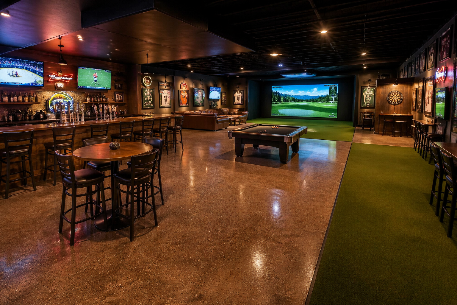 Multi-zone garage sports bar with golf simulator and multiple entertainment areas