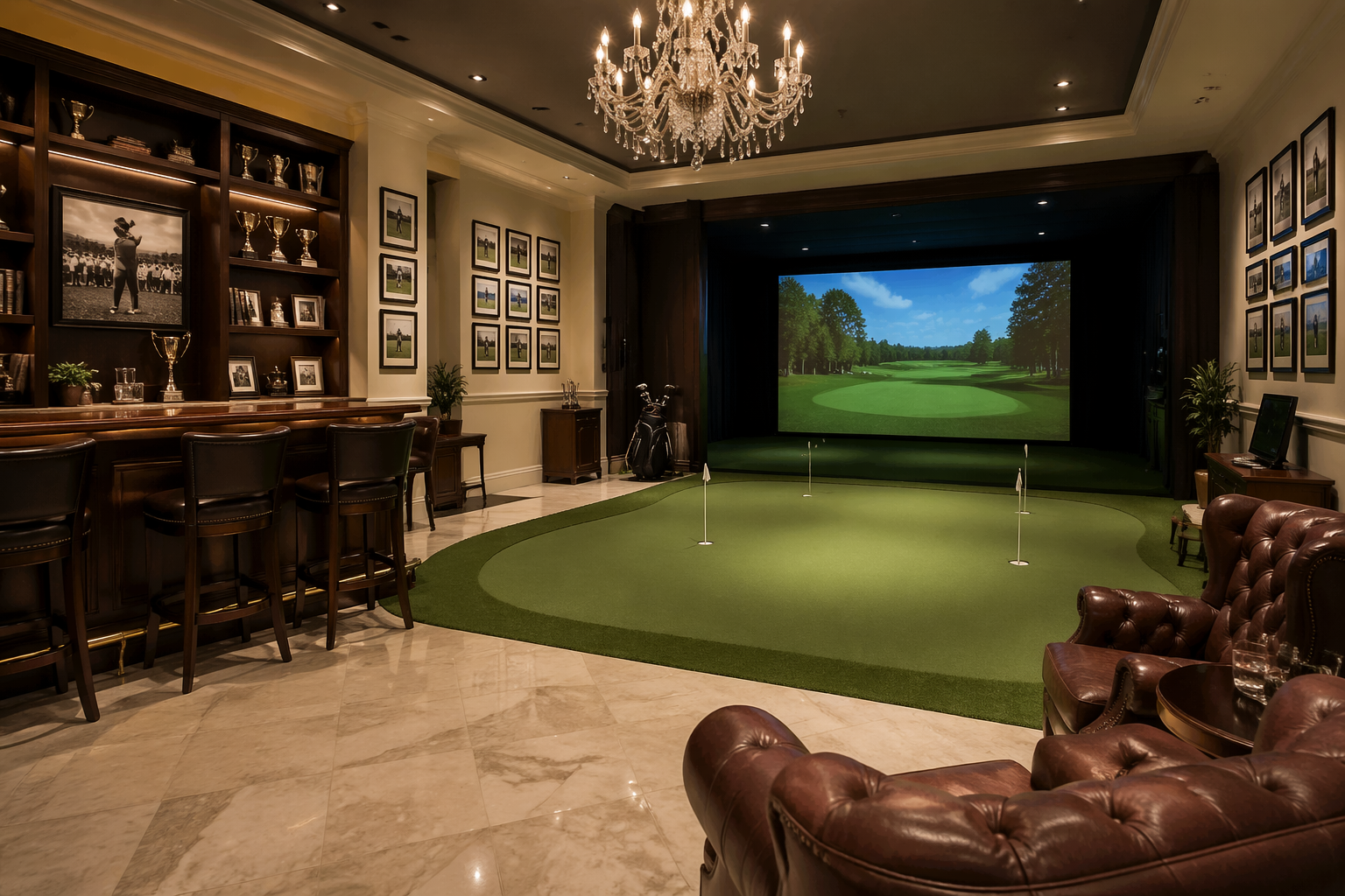 Elegant golf simulator garage with crystal chandelier and marble floors