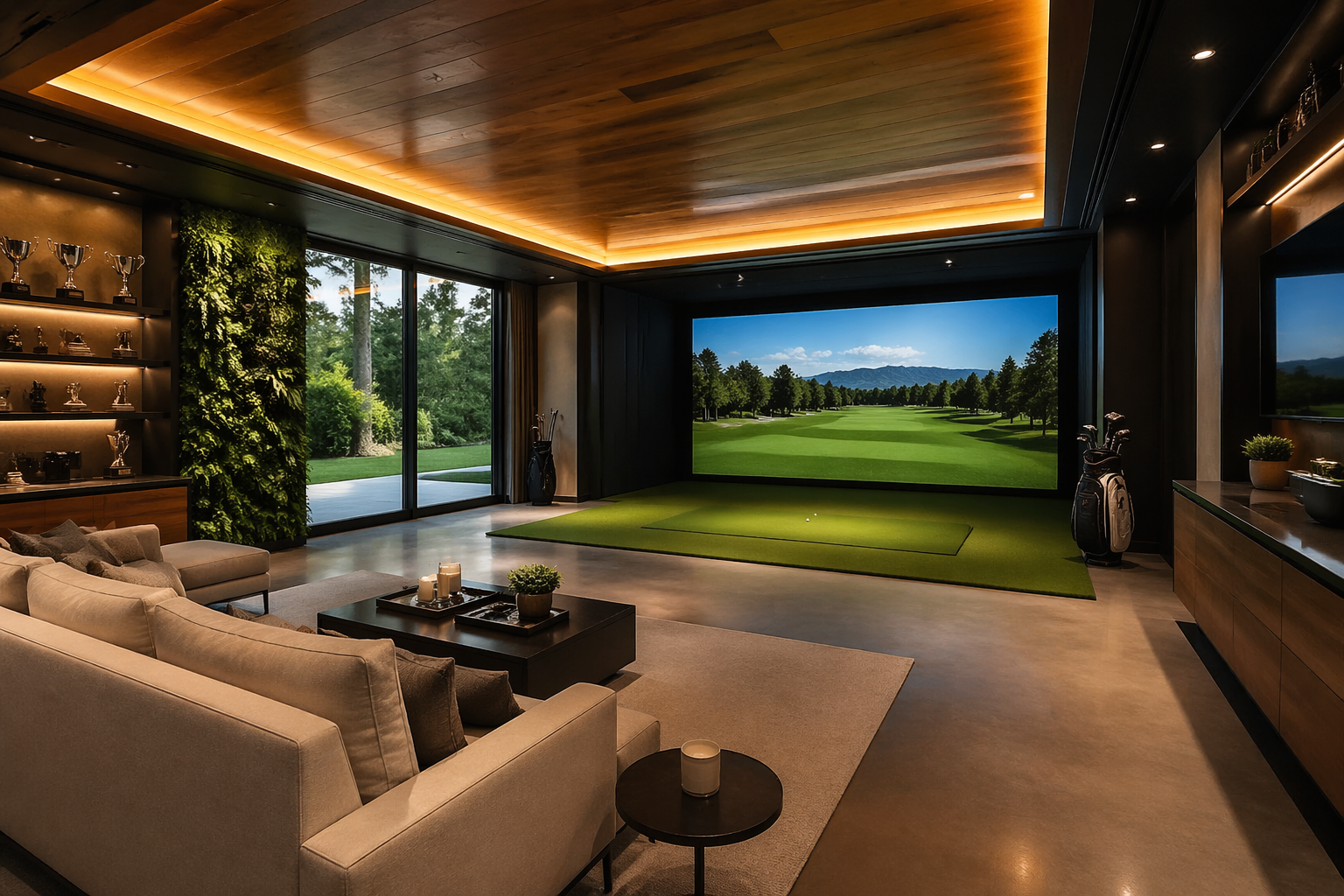 Contemporary luxury golf lounge with floor-to-ceiling windows and living wall