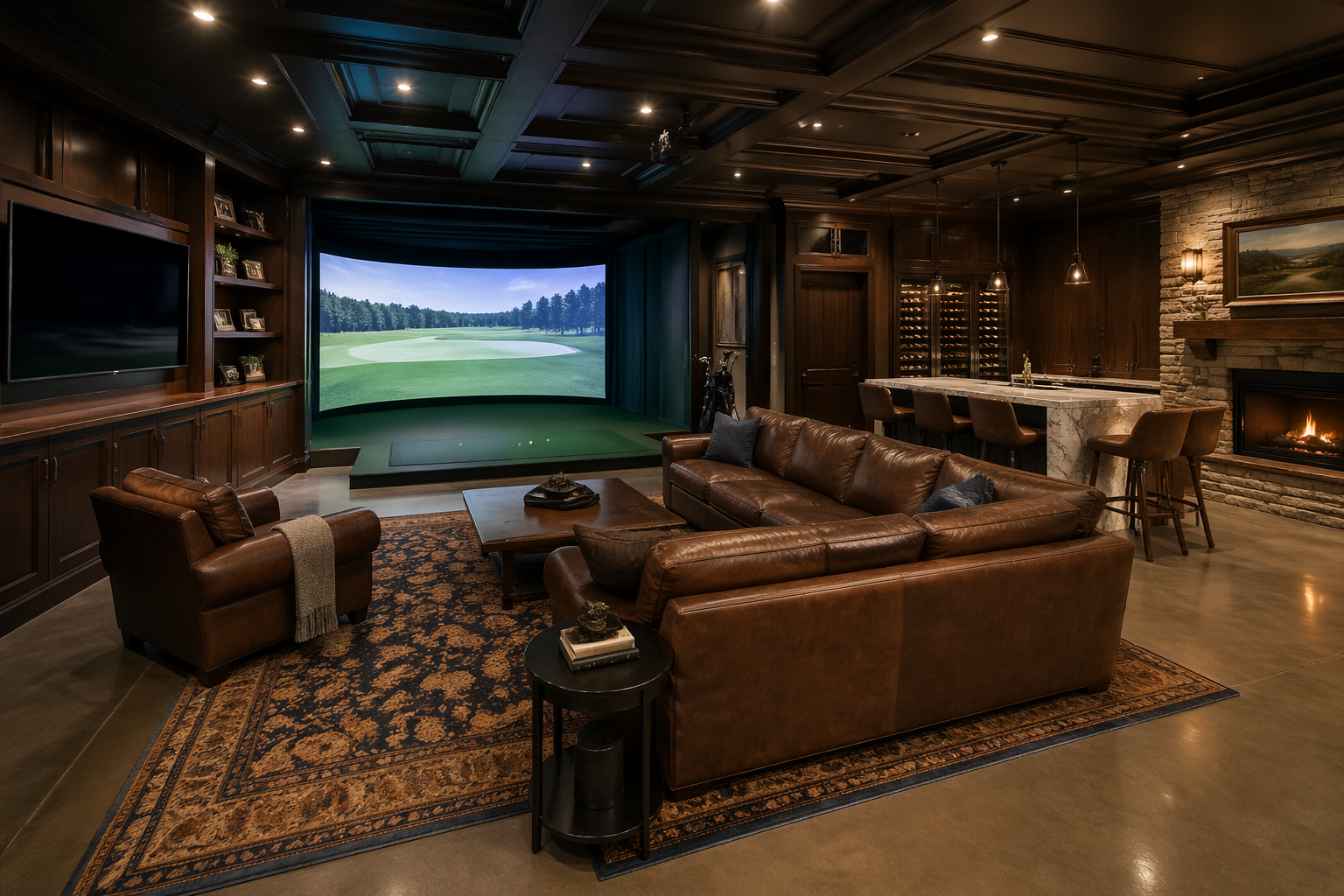 Luxury golf lounge garage with leather seating and rich wood paneling