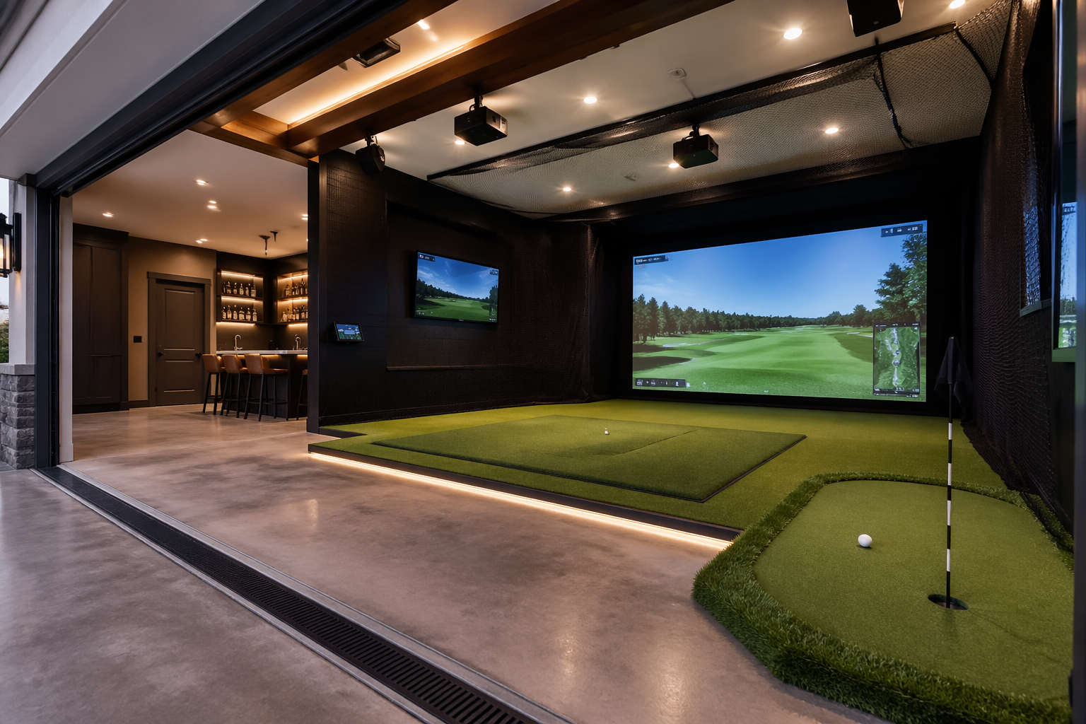 Commercial-grade golf simulator with high-speed cameras and real grass areas