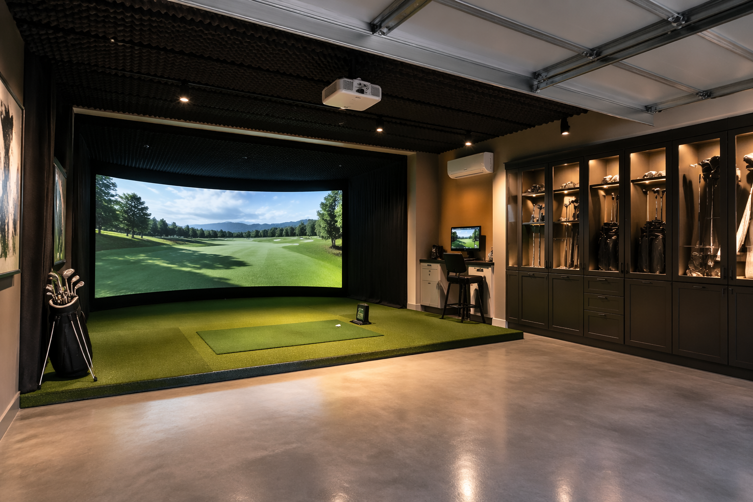 High-end garage golf simulator with professional equipment and curved screen
