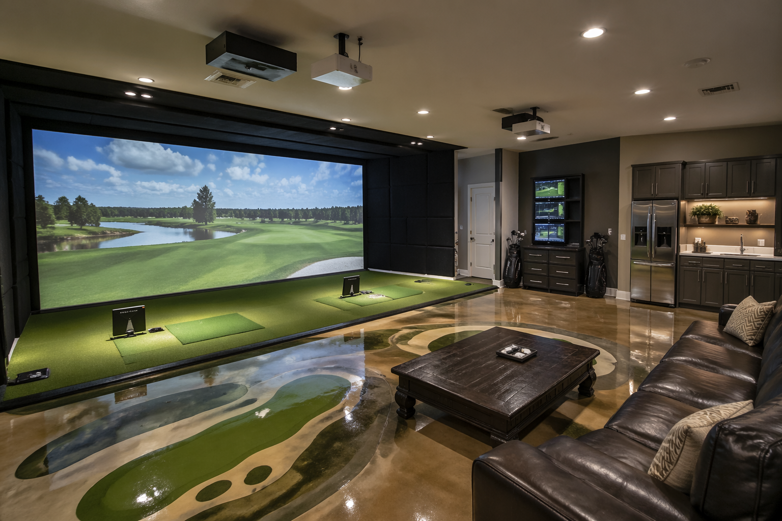 Professional dual-projector golf simulator with multiple hitting bays