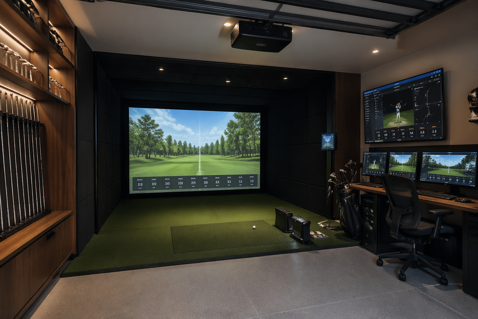 High-tech golf simulator garage with multiple monitors and VR integration