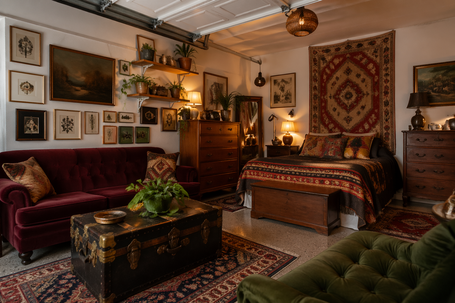 Eclectic garage guest room with vintage furniture and gallery wall