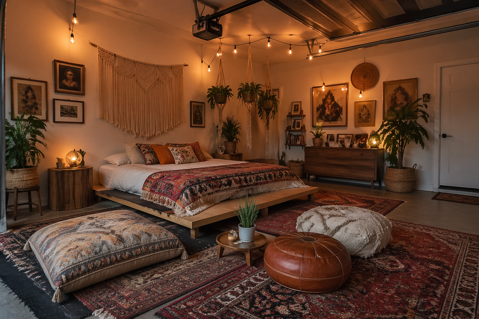 Bohemian garage guest room with macrame art and layered textiles